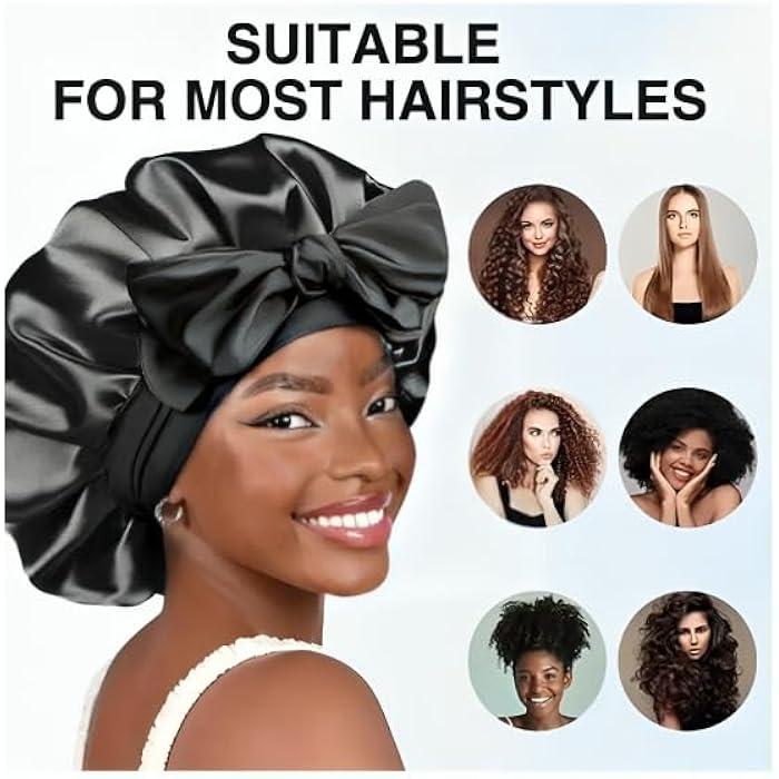 Silk Hair Bonnet Braided One Layer with Satin Toukka Gift Black - Image 2